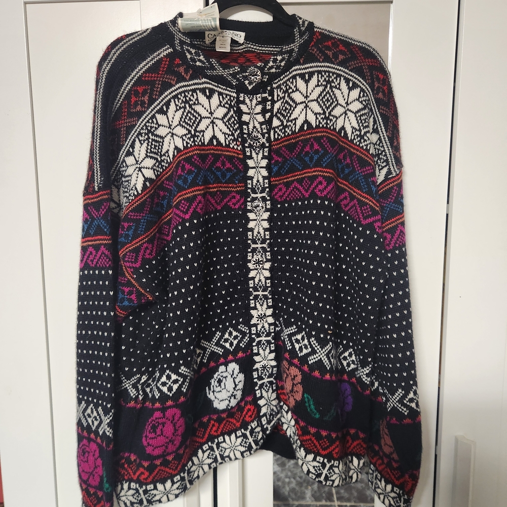 Vintage-Inspired Black Fair Isle Cardigan Sweater with Multicolor Accents